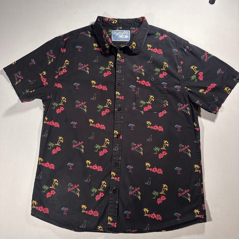 Huntington Beach Club Hawaiian Shirt Mens XL‎ Black Tropical Paradise Neon Tiki